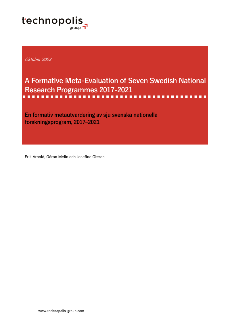 Rött och vitt omslag med texten En formativ metautvärdering av sju svenska nationella forskningsprogram, 2017–2021