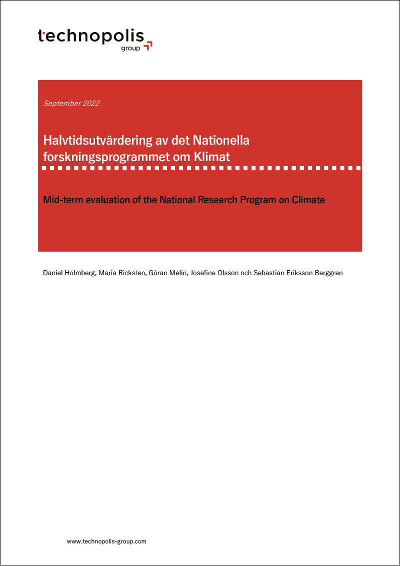 Vitt och rött omslag med texten ''Halvtidsutvärdering av det Nationella forskningsprogrammet om Klimat''