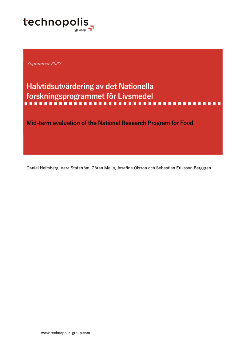 Rött och vitt omslag med texten Halvtidsutvärdering för det nationella forskningsprogrammet för livsmedel
